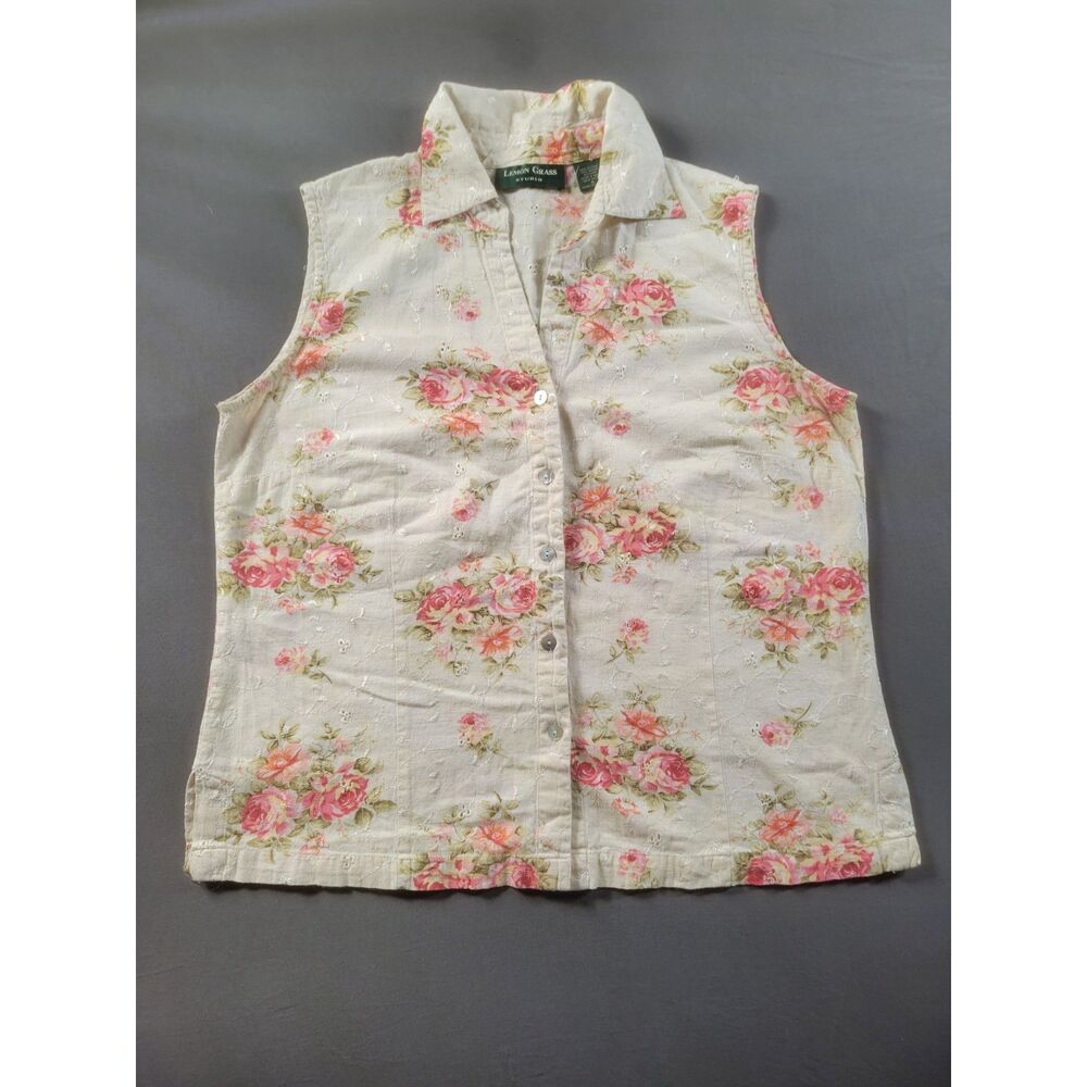 Lemon Grass Studio Floral Eyelet Sleeveless Button Front Top Womens M
